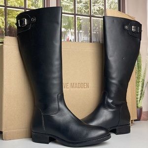 Steve Madden Womens Loraine Riding Boots Leather Pull On - Black Leather